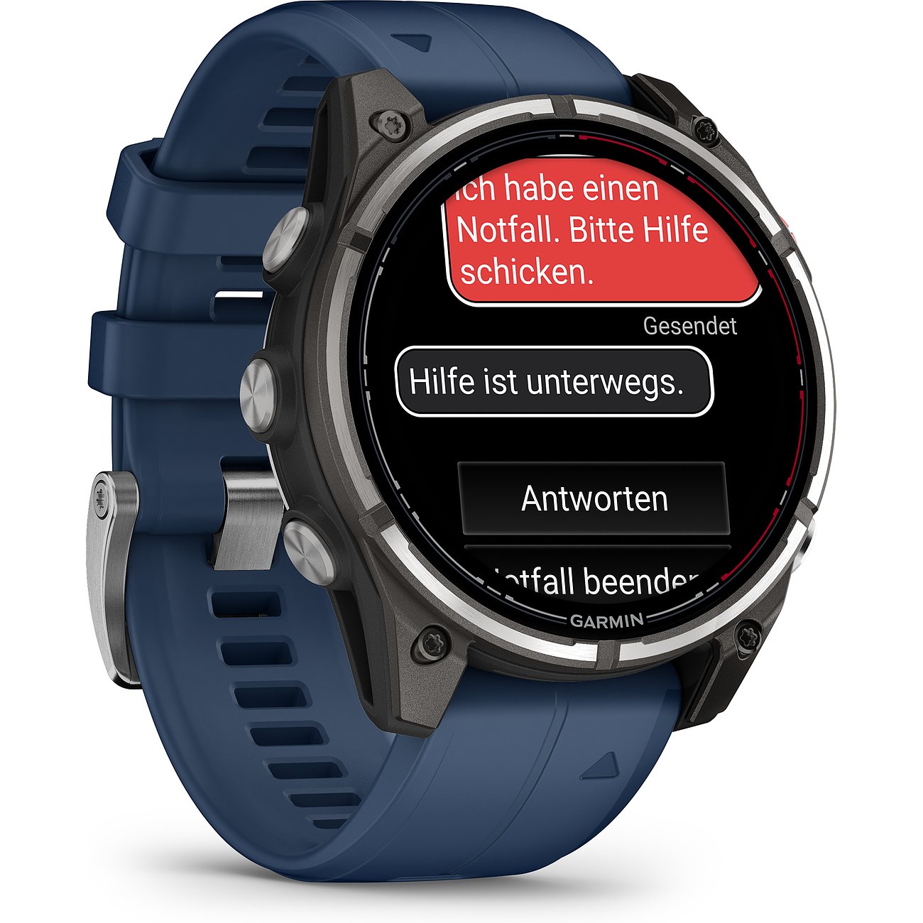 Eine Garmin Smartwatch aus Metall mit dunkelblauem Armband zeigt eine Notfallmeldung auf dem Display.