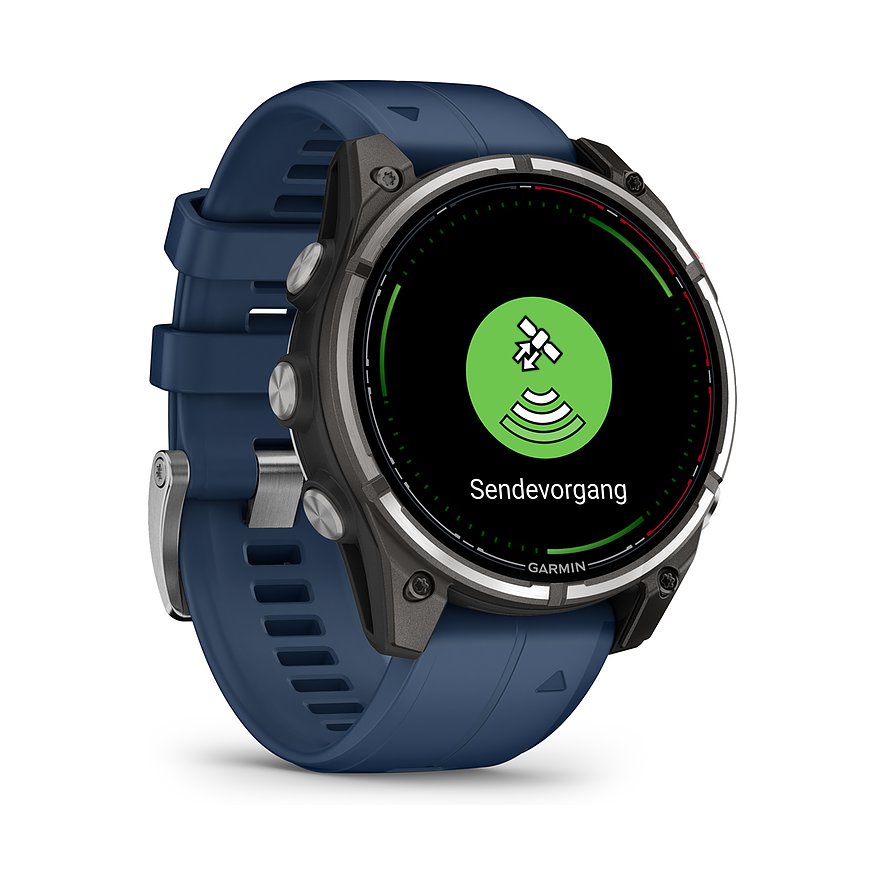Eine Garmin Smartwatch mit dunkelblauem Silikonarmband und Gehäuse aus Metall zeigt die „Sendevorgang