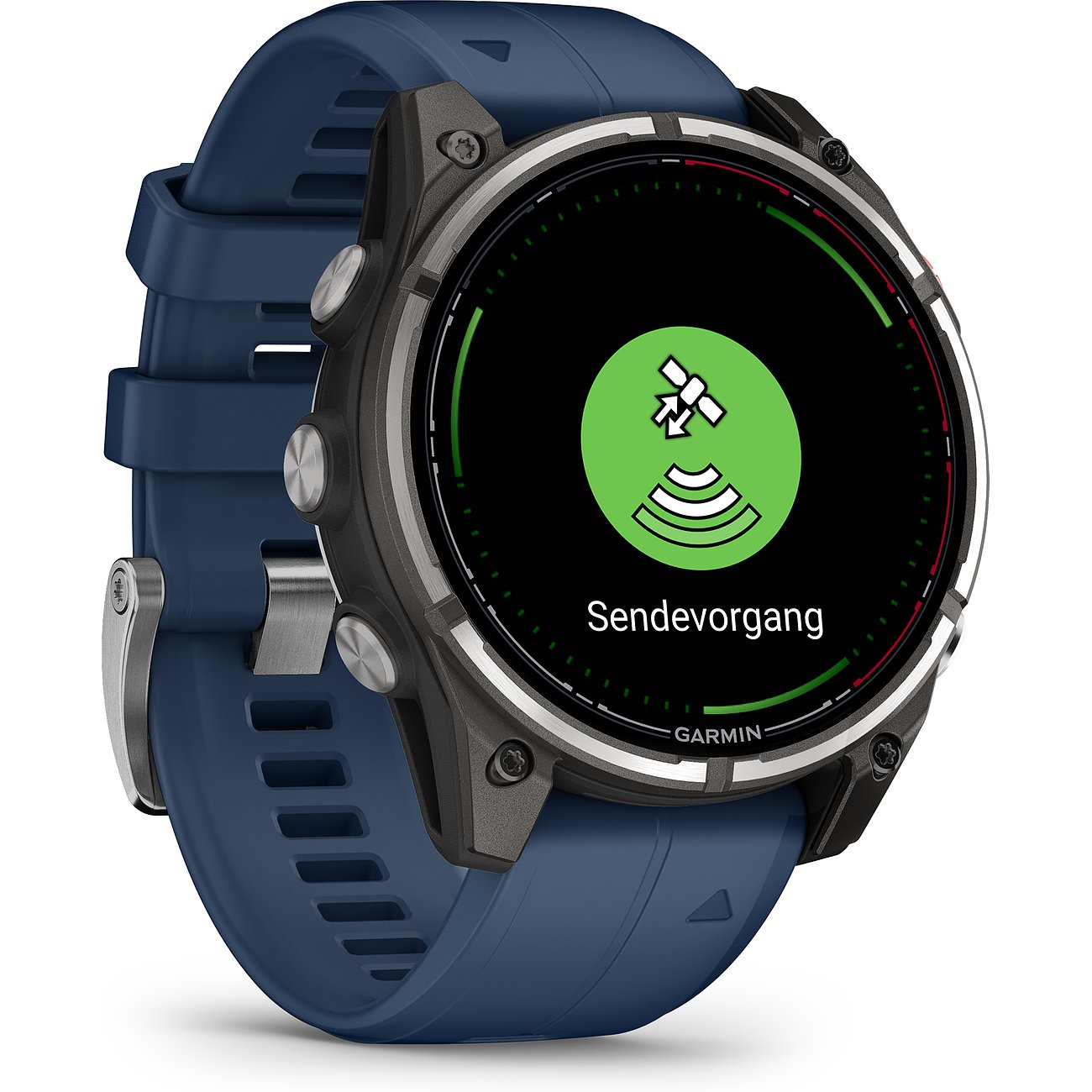 Eine Garmin Smartwatch mit dunkelblauem Silikonarmband und Gehäuse aus Metall zeigt die „Sendevorgang