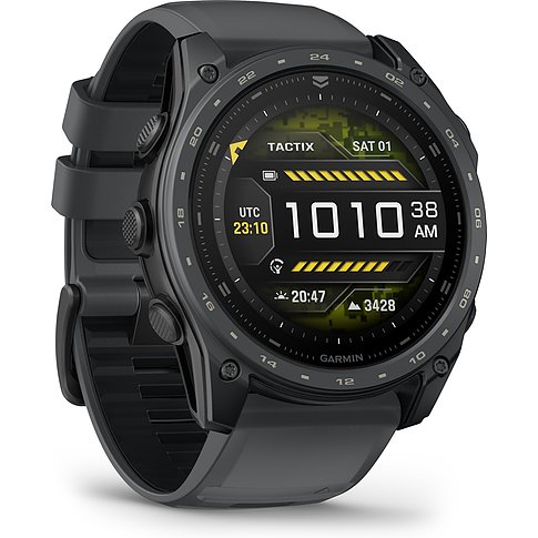 Eine schwarze Garmin Smartwatch aus Titan mit digitaler Taktix-Anzeige und schwarzem Armband.