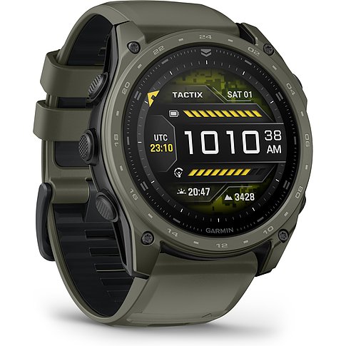 Eine grüne Garmin Smartwatch aus Titan mit der Aufschrift "TACTIX" und der aktuellen Uhrzeit 10:10 Uhr.