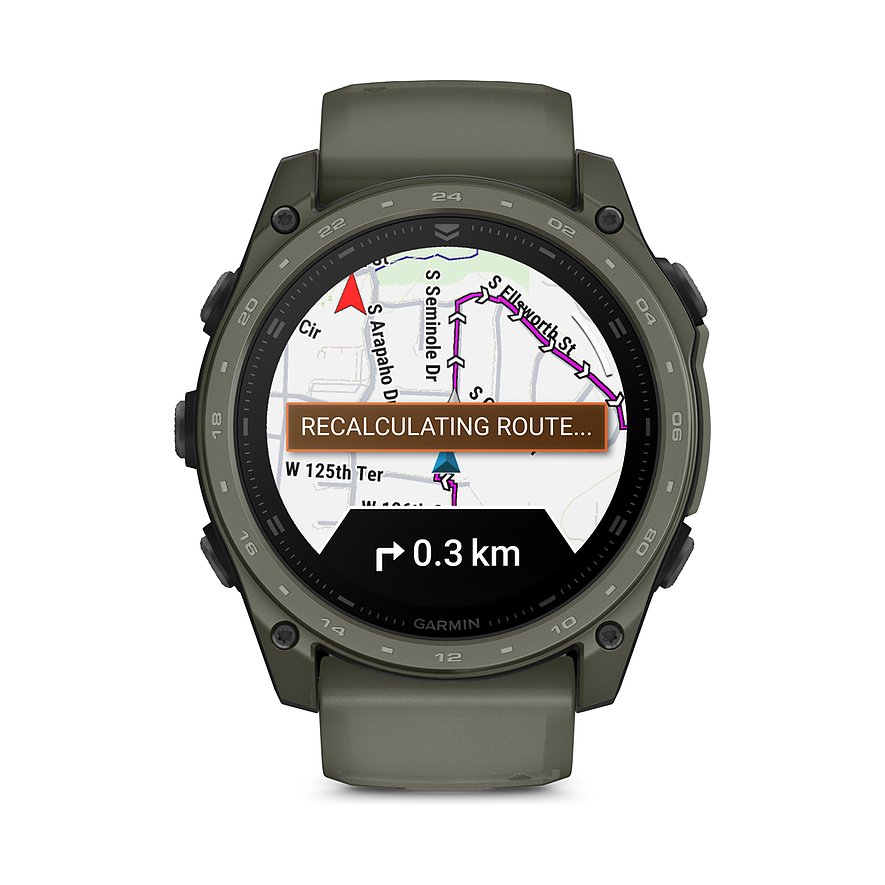 Eine Garmin Smartwatch aus Titan in Olivgrün, die eine Route mit der Nachricht 