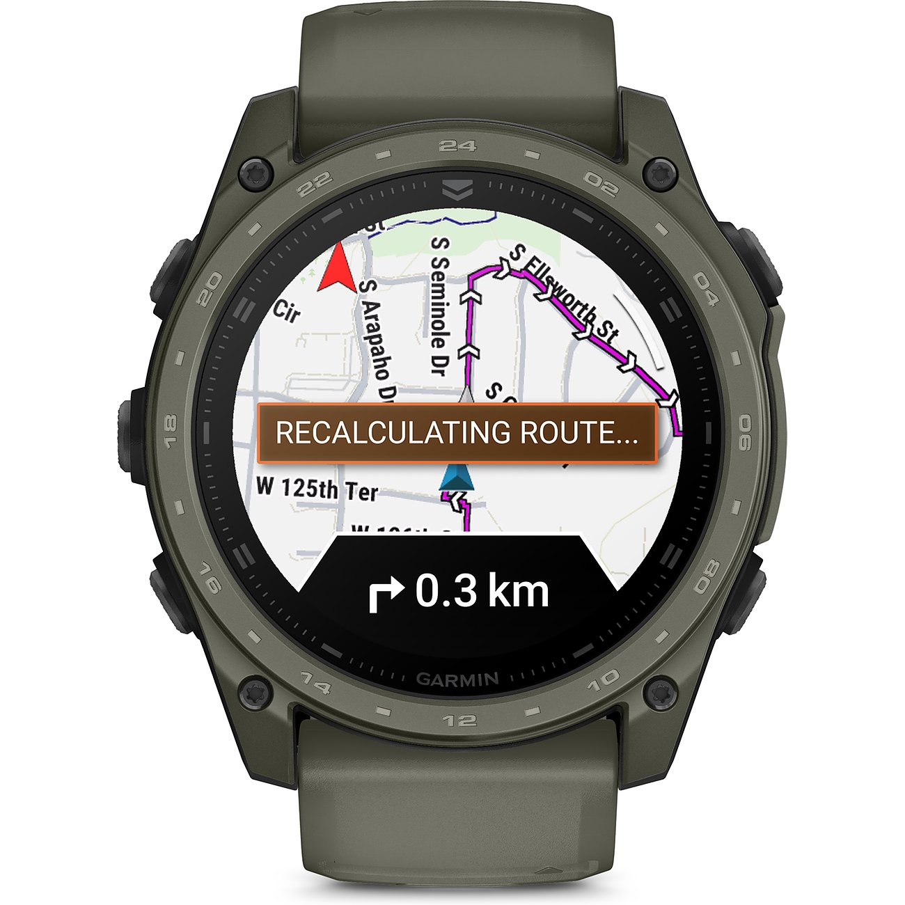 Eine Garmin Smartwatch aus Titan in Olivgrün, die eine Route mit der Nachricht 