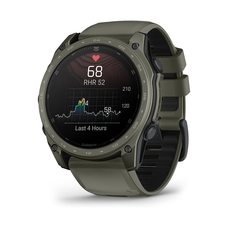 Eine graue Garmin Smartwatch aus Titan mit einer Herzfrequenzanzeige auf dem Display, von vorne gesehen.