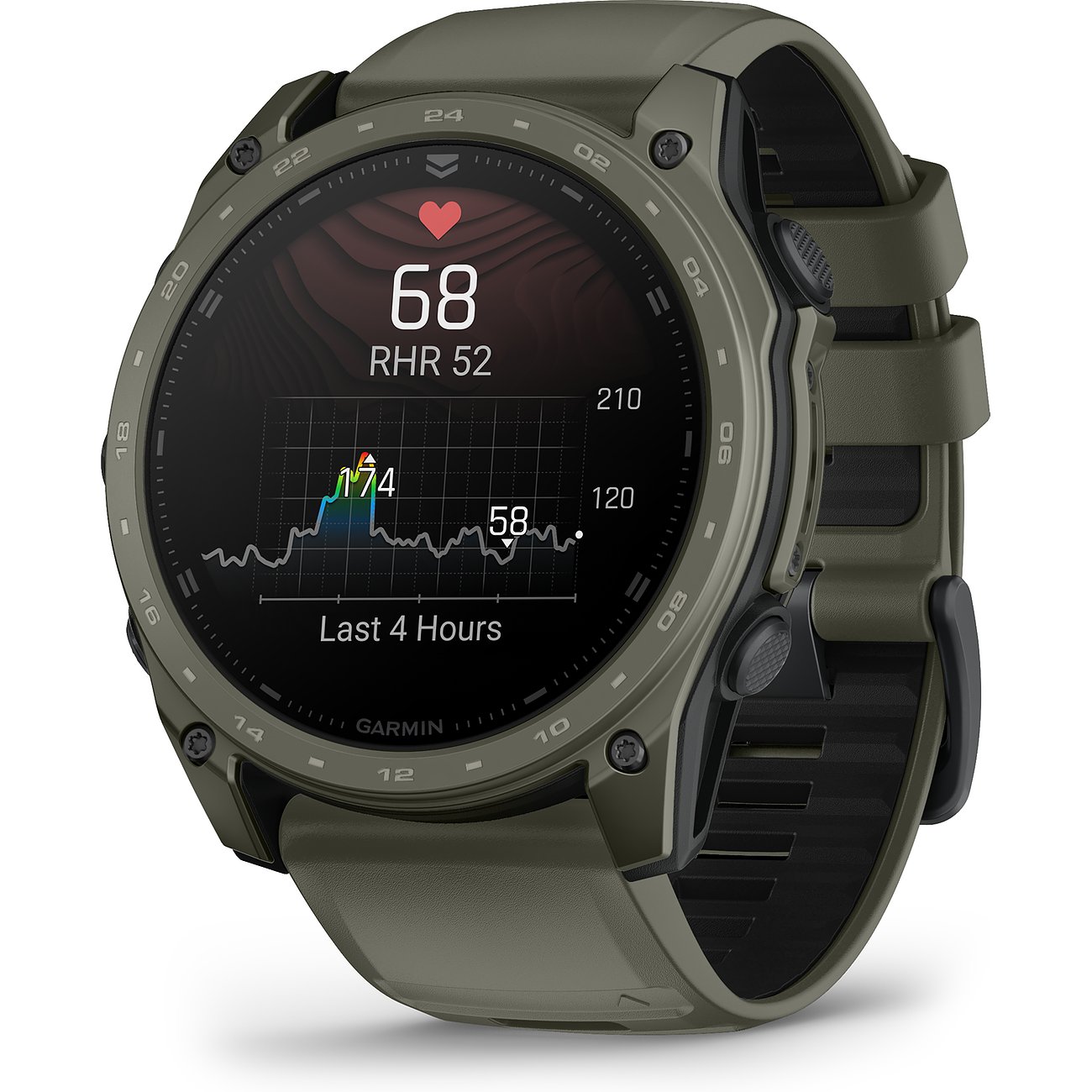 Eine graue Garmin Smartwatch aus Titan mit einer Herzfrequenzanzeige auf dem Display, von vorne gesehen.