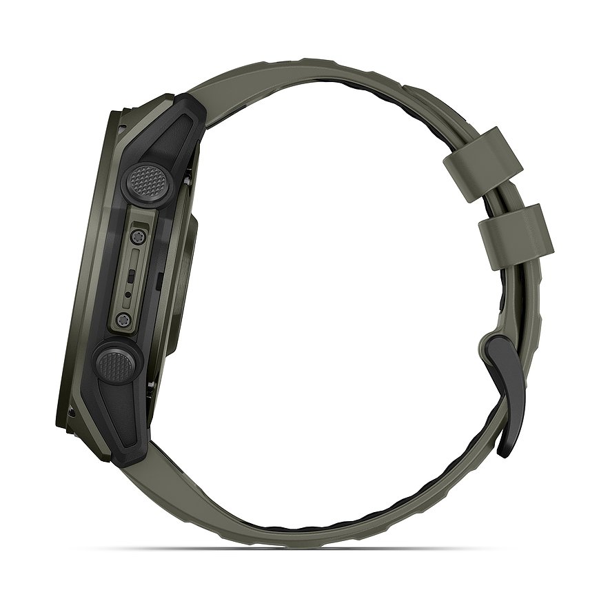 Seitenansicht der Garmin Smartwatch aus Titan mit olivgrünem Armband und schwarzen Knöpfen.