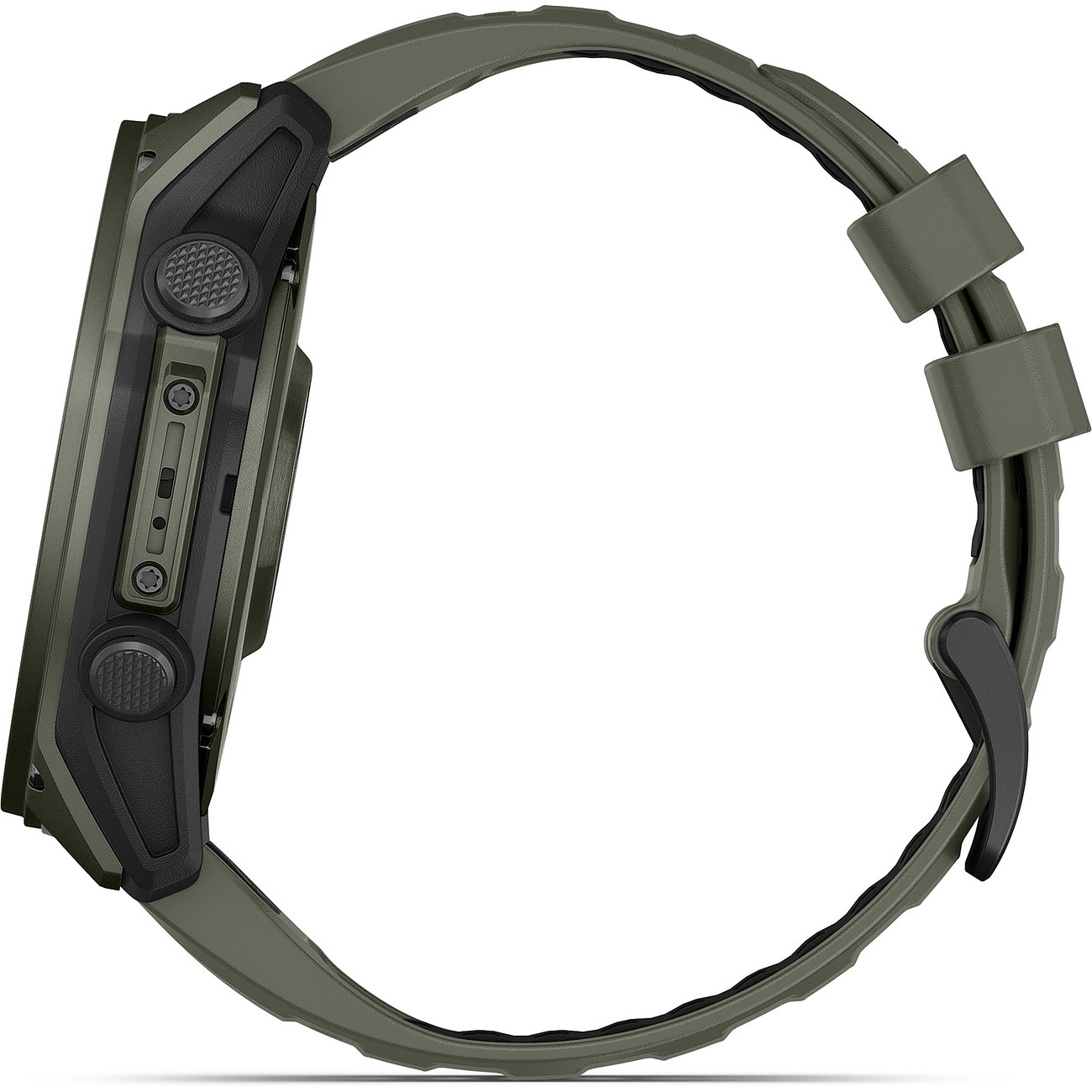 Seitenansicht der Garmin Smartwatch aus Titan mit olivgrünem Armband und schwarzen Knöpfen.