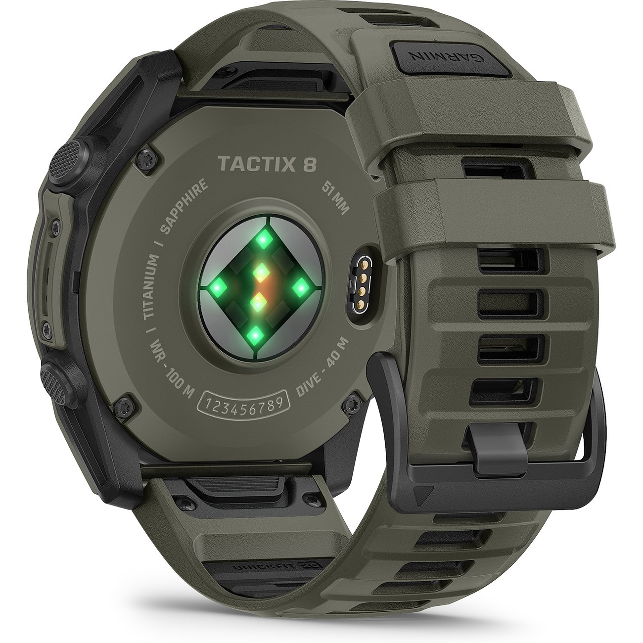 Rückseite einer Garmin Tactix 8 Smartwatch aus Titan und Saphir, mit grün leuchtenden Sensoren.