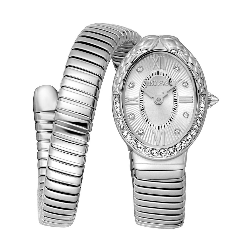 Just Cavalli Damenuhr aus Edelstahl mit ovalem Zifferblatt, römischen Ziffern und Kristallen, Vorderansicht.