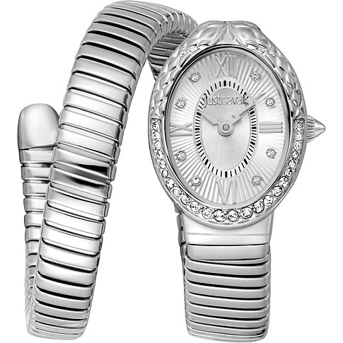 Montre femme Just Cavalli en acier, cadran ovale, chiffres romains et cristaux, vue de face.
