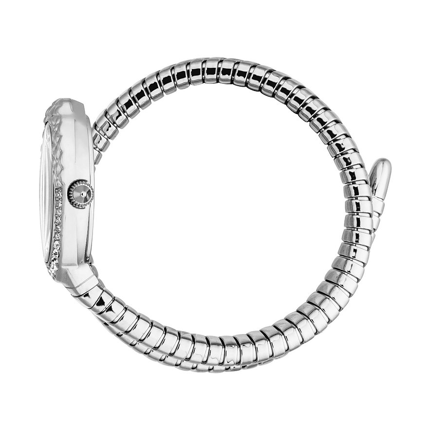 Seitenansicht der Just Cavalli Damenuhr aus Edelstahl mit Kristall-Farbsteinen am Gehäuse, die spiralförmig angeordnet ist.