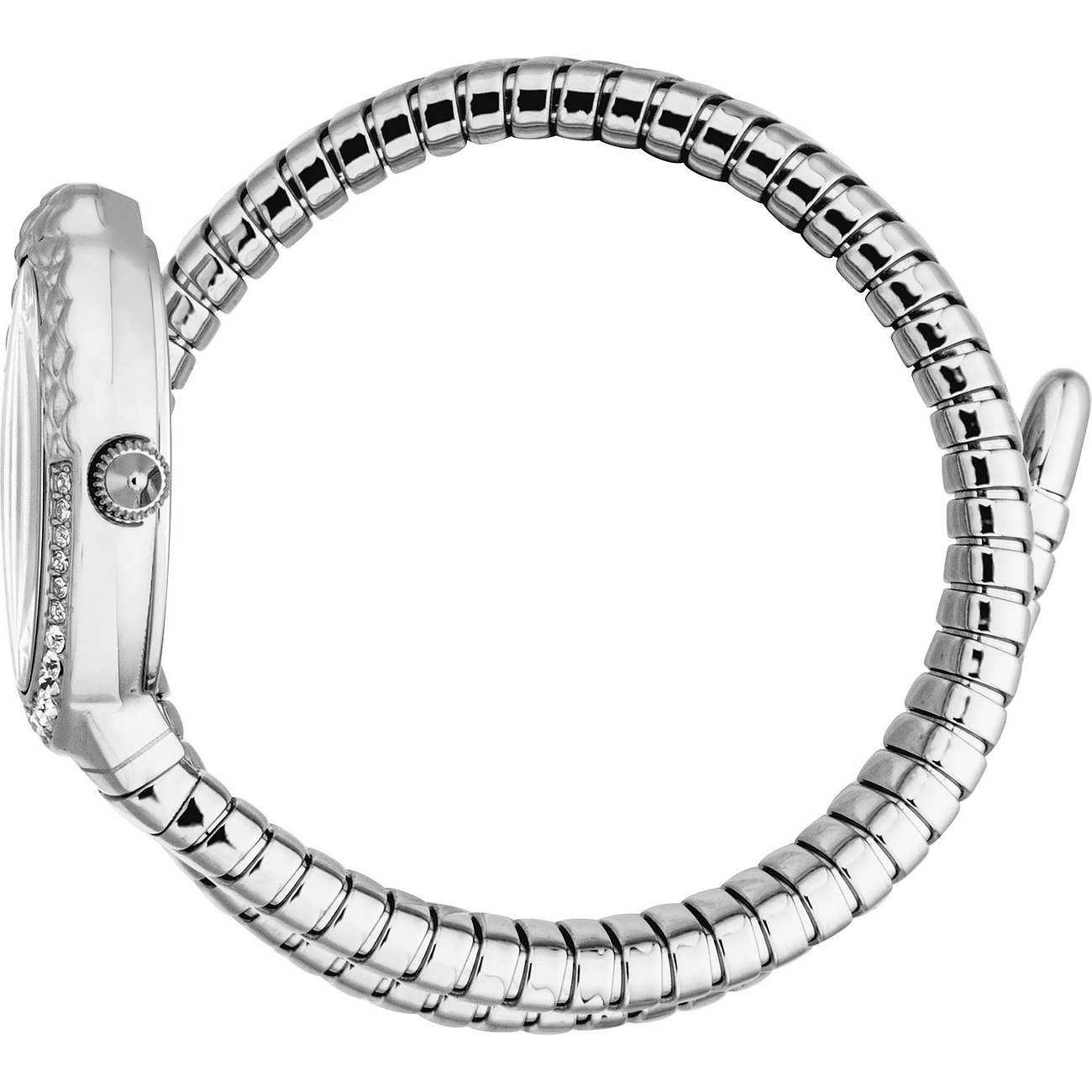 Seitenansicht der Just Cavalli Damenuhr aus Edelstahl mit Kristall-Farbsteinen am Gehäuse, die spiralförmig angeordnet ist.