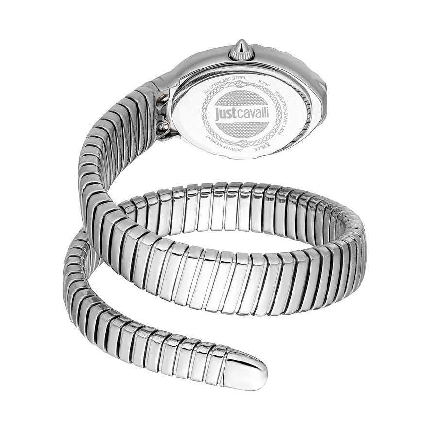 Rückansicht einer spiralförmigen Just Cavalli Damenuhr aus Edelstahl mit Schlangendesign und Quarzuhrwerk.