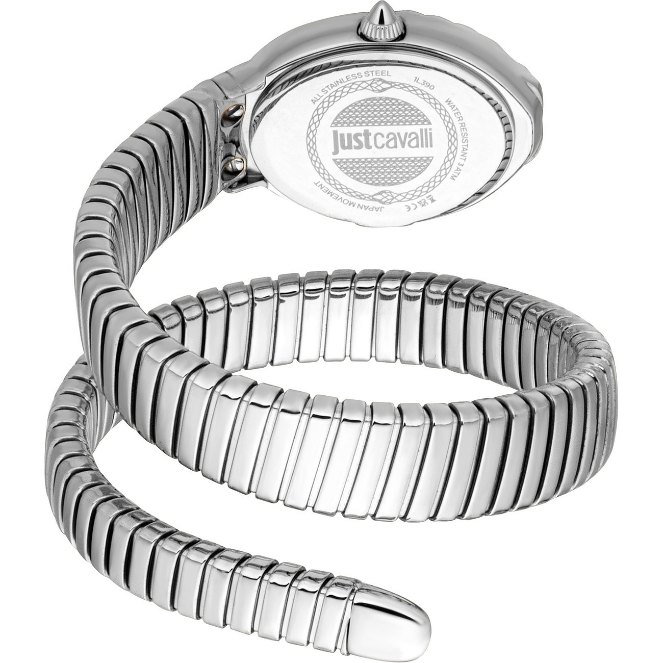 Rückansicht einer spiralförmigen Just Cavalli Damenuhr aus Edelstahl mit Schlangendesign und Quarzuhrwerk.