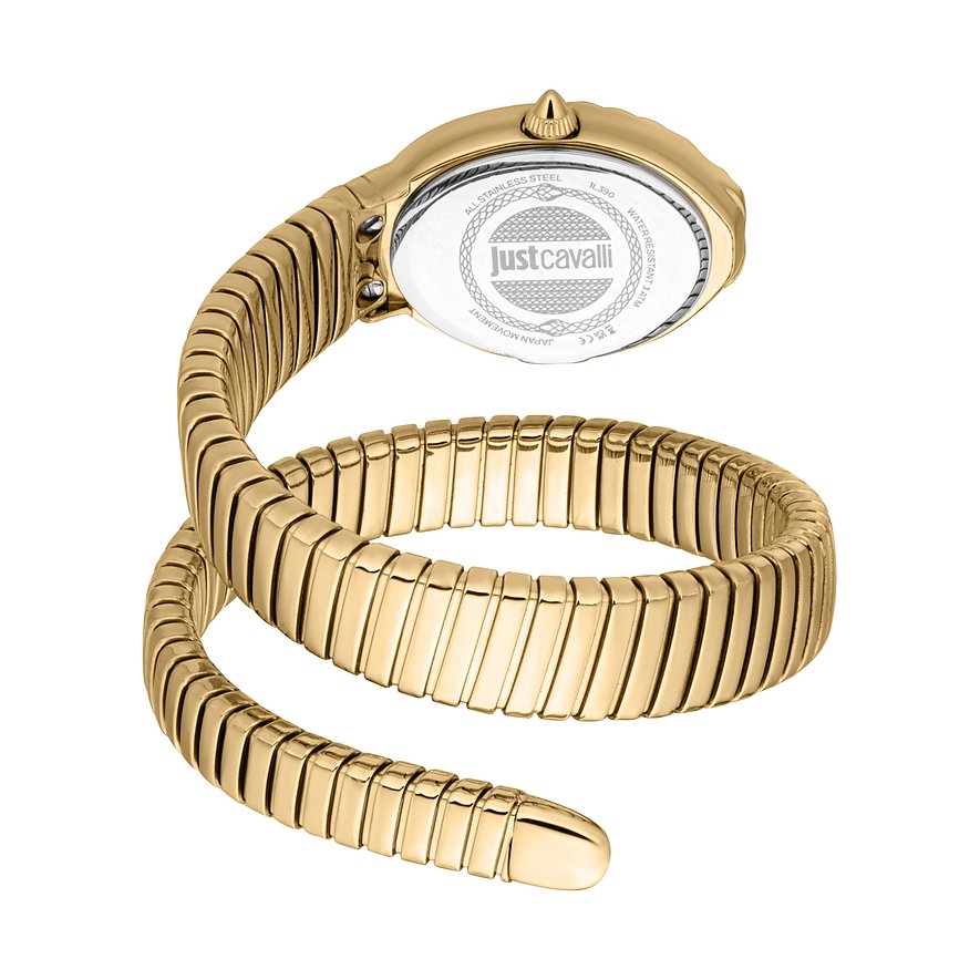 Rückansicht einer Just Cavalli Damenarmbanduhr aus goldfarbenem Edelstahl mit spiralförmigem Armband.