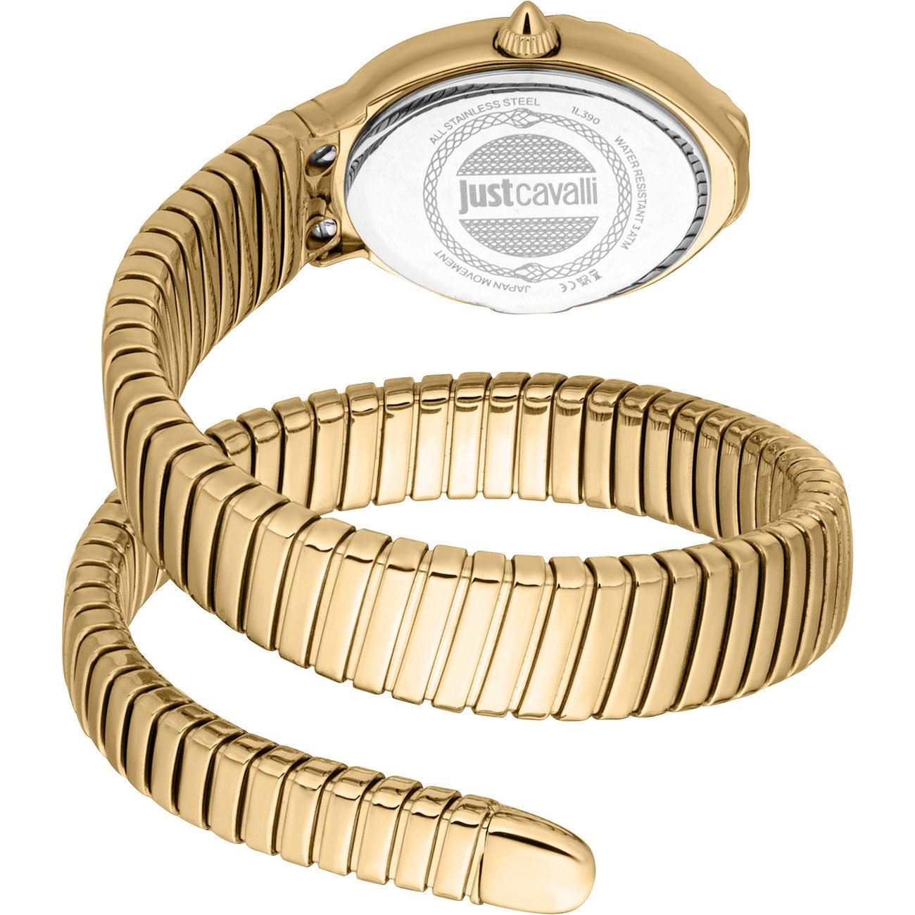 Rückansicht einer Just Cavalli Damenarmbanduhr aus goldfarbenem Edelstahl mit spiralförmigem Armband.