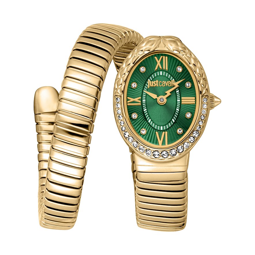 Just Cavalli Damenuhr aus goldfarbenem Edelstahl mit ovalem, grünem Zifferblatt und Kristallen besetzt.