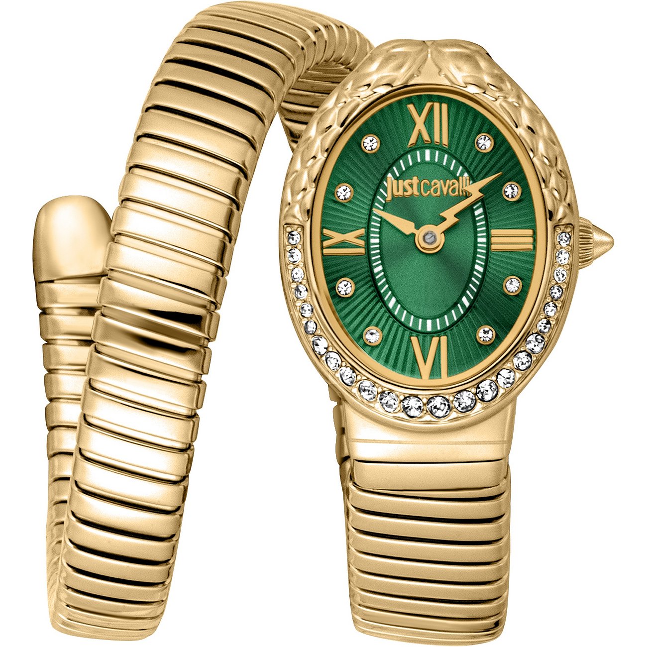 Just Cavalli Damenuhr aus goldfarbenem Edelstahl mit ovalem, grünem Zifferblatt und Kristallen besetzt.