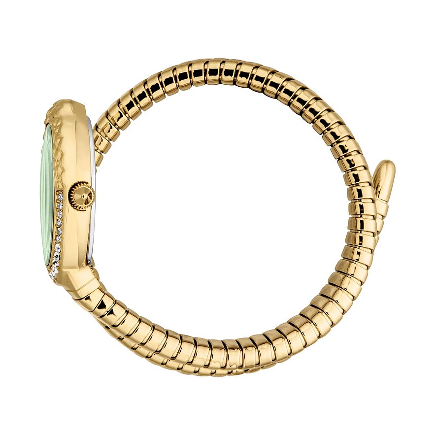 Seitenansicht der goldenen Just Cavalli Damenuhr aus Edelstahl mit farbigen Kristallen und Schlangenarmband.