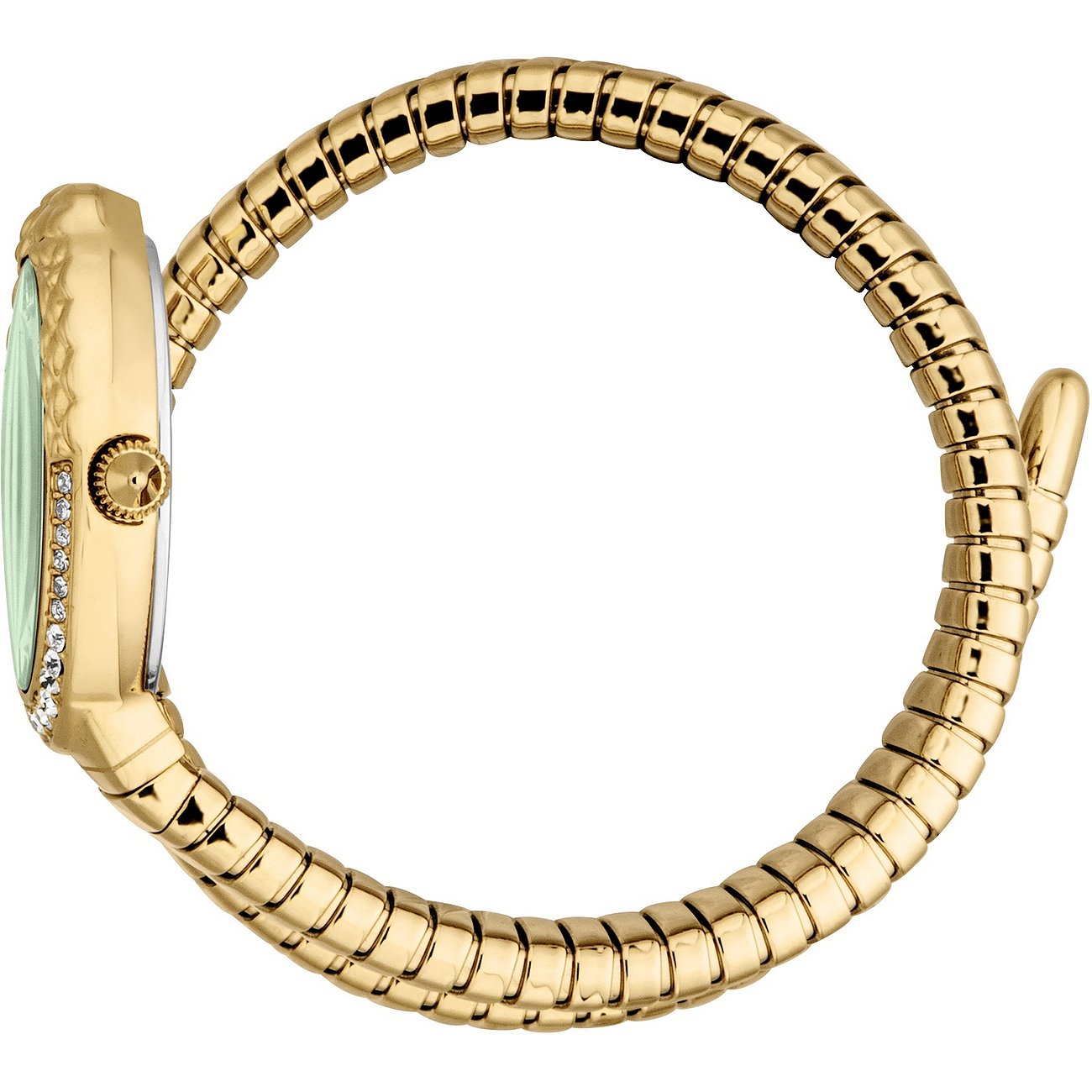 Seitenansicht der goldenen Just Cavalli Damenuhr aus Edelstahl mit farbigen Kristallen und Schlangenarmband.