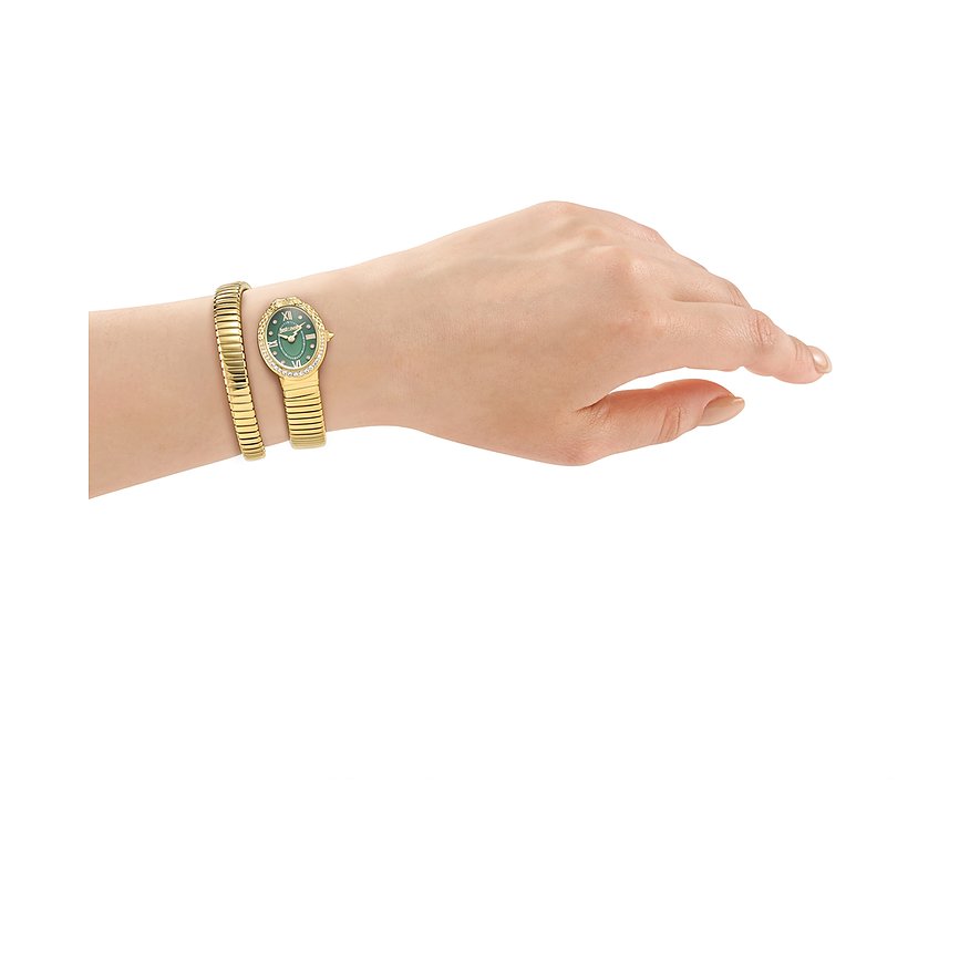 Eine Just Cavalli Damenuhr aus goldfarbenem Edelstahl mit grünem Zifferblatt und Kristallen am Handgelenk.