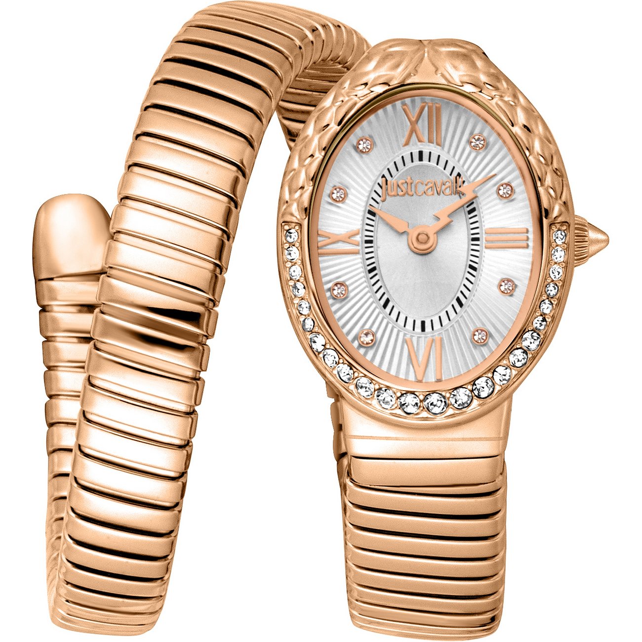 Just Cavalli Damenuhr aus roségoldfarbenem Edelstahl mit ovalem Zifferblatt, römischen Ziffern und Kristallen.