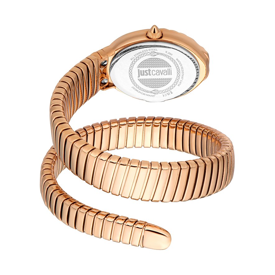 Rückansicht der roségoldenen Just Cavalli Damenuhr aus Edelstahl mit einem schlangenförmigen Armband.
