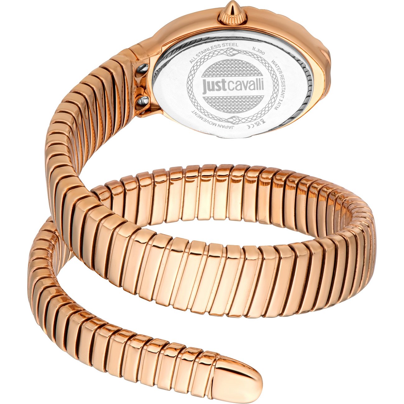 Rückansicht der roségoldenen Just Cavalli Damenuhr aus Edelstahl mit einem schlangenförmigen Armband.