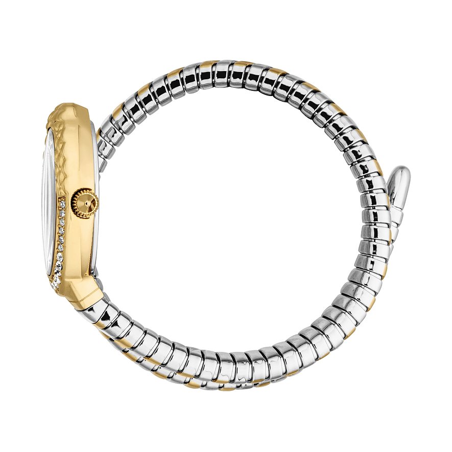 Seitenansicht der Just Cavalli Damenuhr aus Edelstahl mit goldenem Gehäuse und Armband, besetzt mit funkelnden Kristallen.