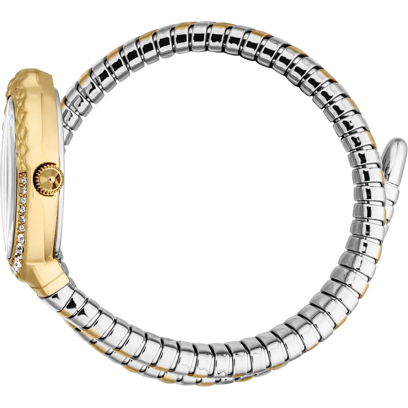 Seitenansicht der Just Cavalli Damenuhr aus Edelstahl mit goldenem Gehäuse und Armband, besetzt mit funkelnden Kristallen.