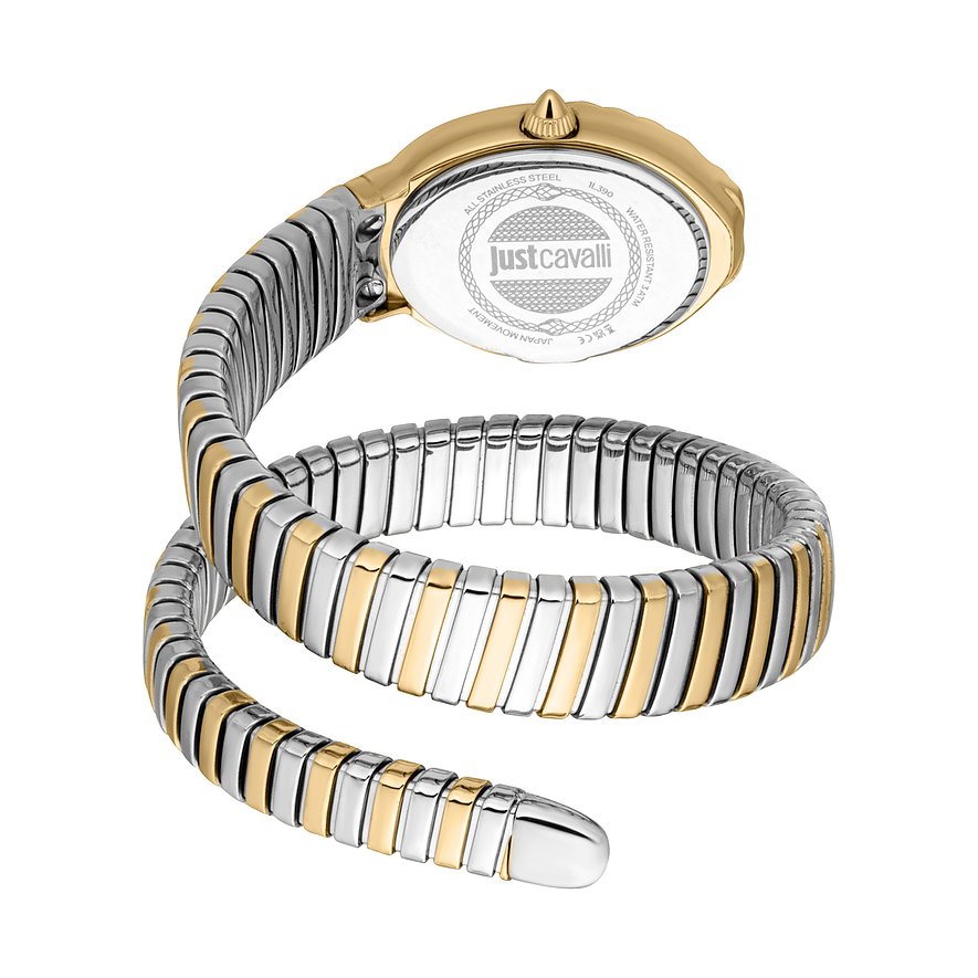 Rückseite einer Just Cavalli Damenuhr aus gold- und silberfarbenem Edelstahl mit gewundenem Armband.