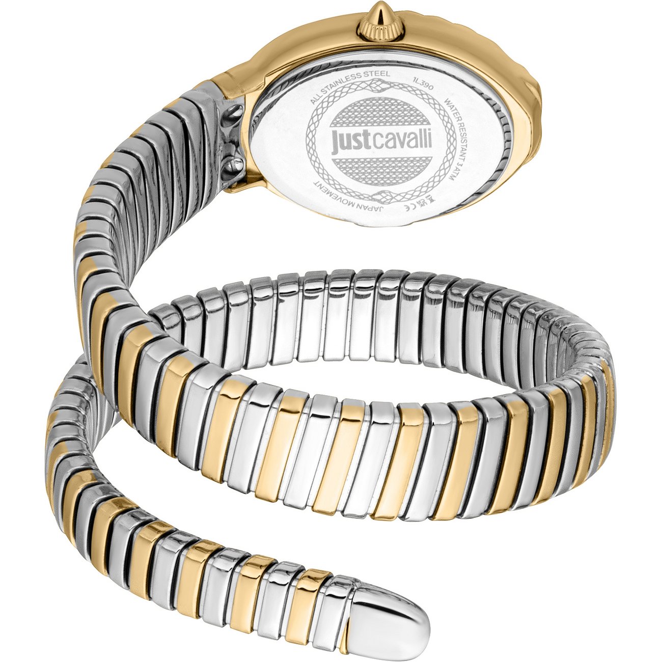 Rückseite einer Just Cavalli Damenuhr aus gold- und silberfarbenem Edelstahl mit gewundenem Armband.