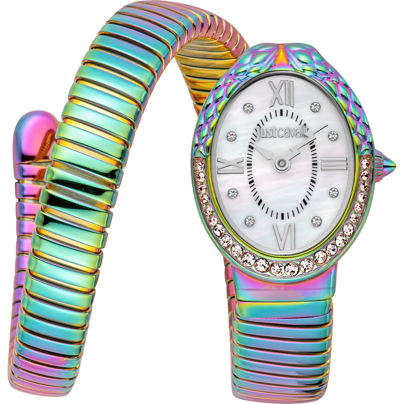 Just Cavalli Damenuhr aus buntem Edelstahl mit Schlangendesign, ovalem Zifferblatt und Kristallen.