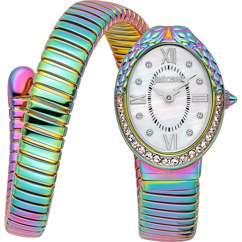 Just Cavalli Damenuhr aus buntem Edelstahl mit Schlangendesign, ovalem Zifferblatt und Kristallen.