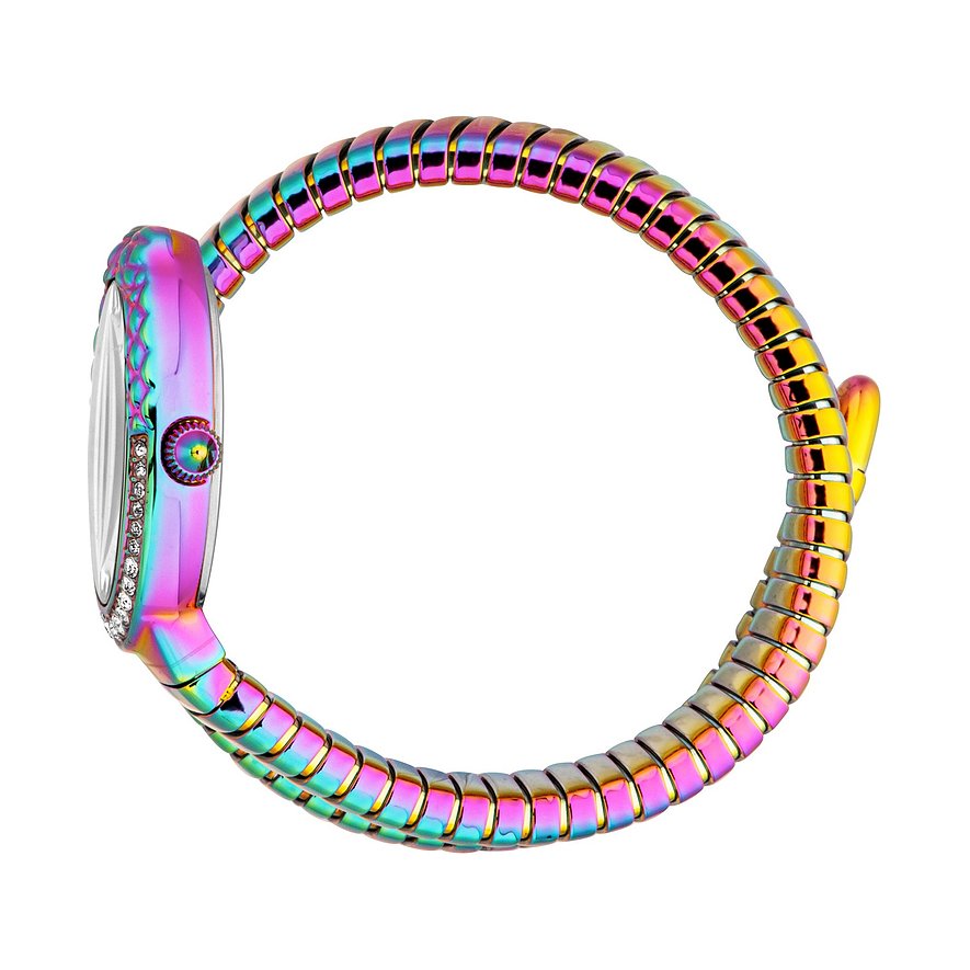 Seitenansicht einer bunten, Damenuhr von Just Cavalli aus Edelstahl mit Farbsteinen und Kristallbesatz am Gehäuse.