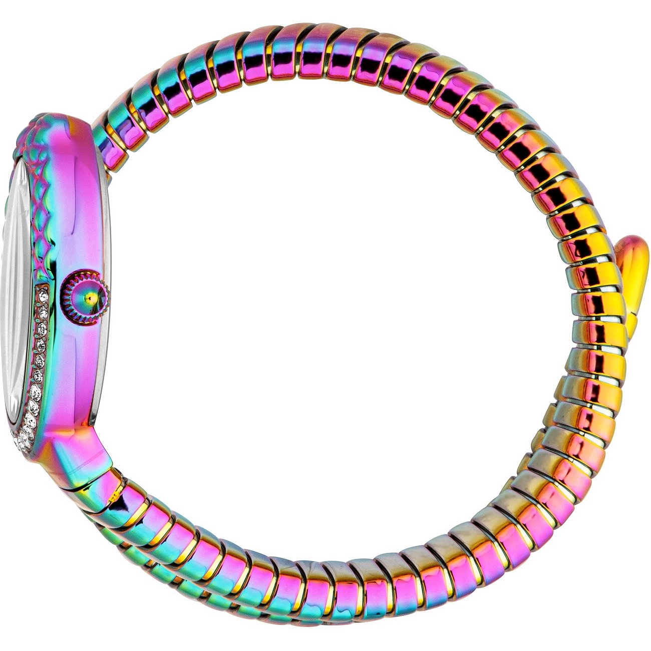 Seitenansicht einer bunten, Damenuhr von Just Cavalli aus Edelstahl mit Farbsteinen und Kristallbesatz am Gehäuse.