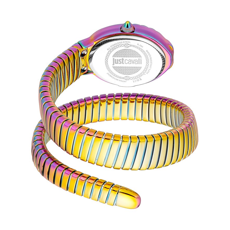 Close-up einer Just Cavalli Damenuhr aus schillerndem Edelstahl in Schlangenoptik mit rundem Gehäuse auf weißem Hintergrund.