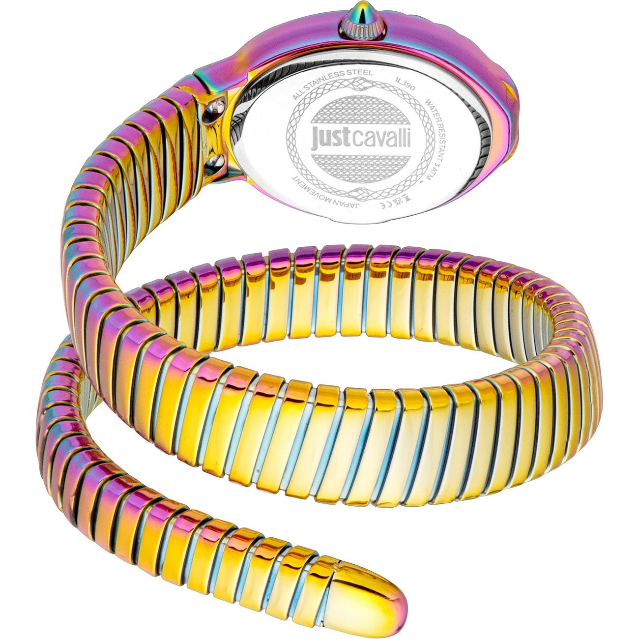Close-up einer Just Cavalli Damenuhr aus schillerndem Edelstahl in Schlangenoptik mit rundem Gehäuse auf weißem Hintergrund.