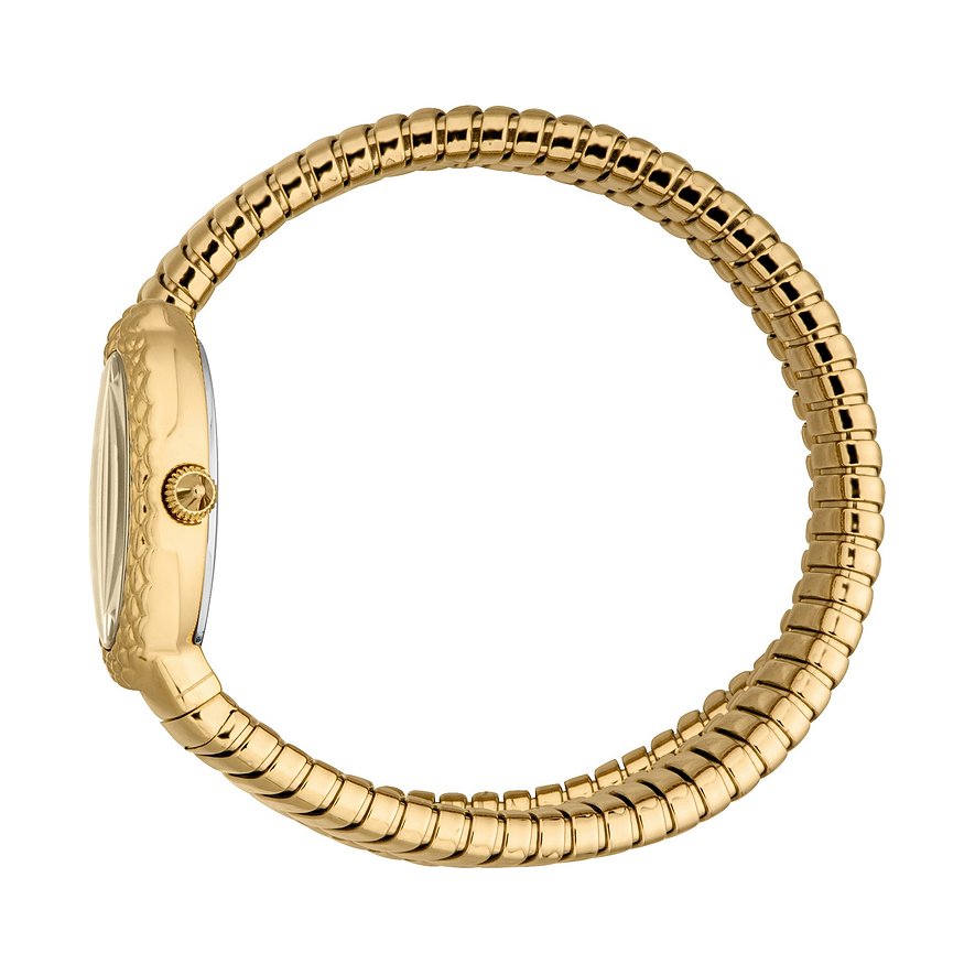 Seitenansicht der Just Cavalli Damenuhr aus goldenem Edelstahl mit Schlangenkette und runder Lünette.