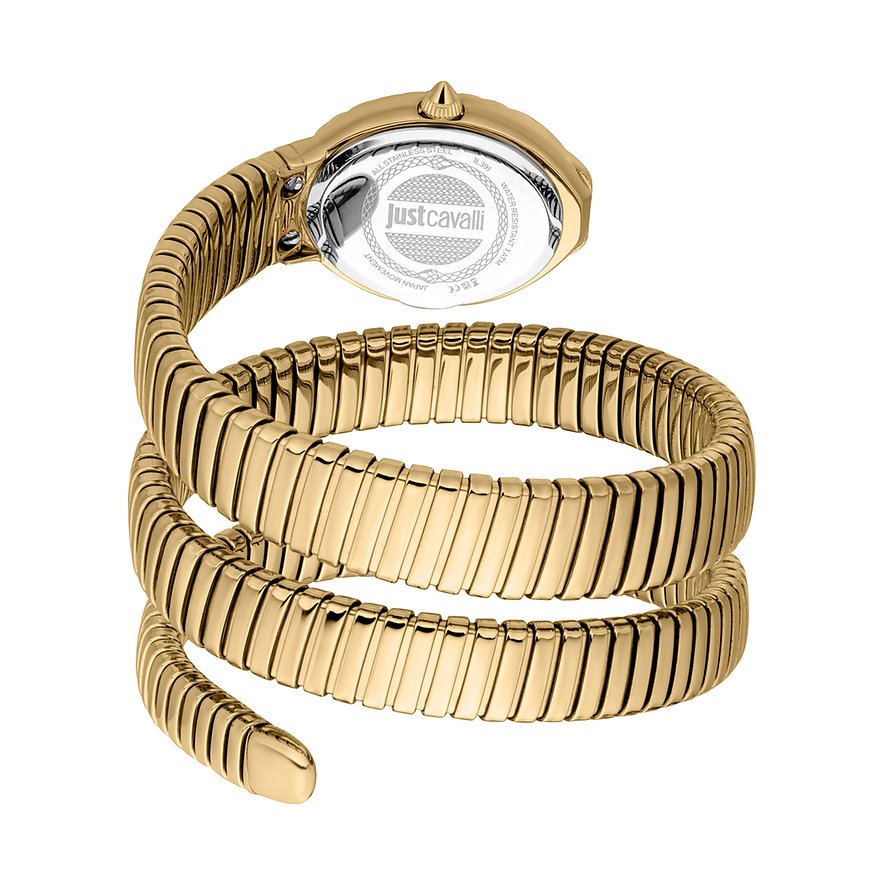 Rückansicht der Just Cavalli Damenuhr aus goldfarbenem Edelstahl mit spiralförmigem Armband.