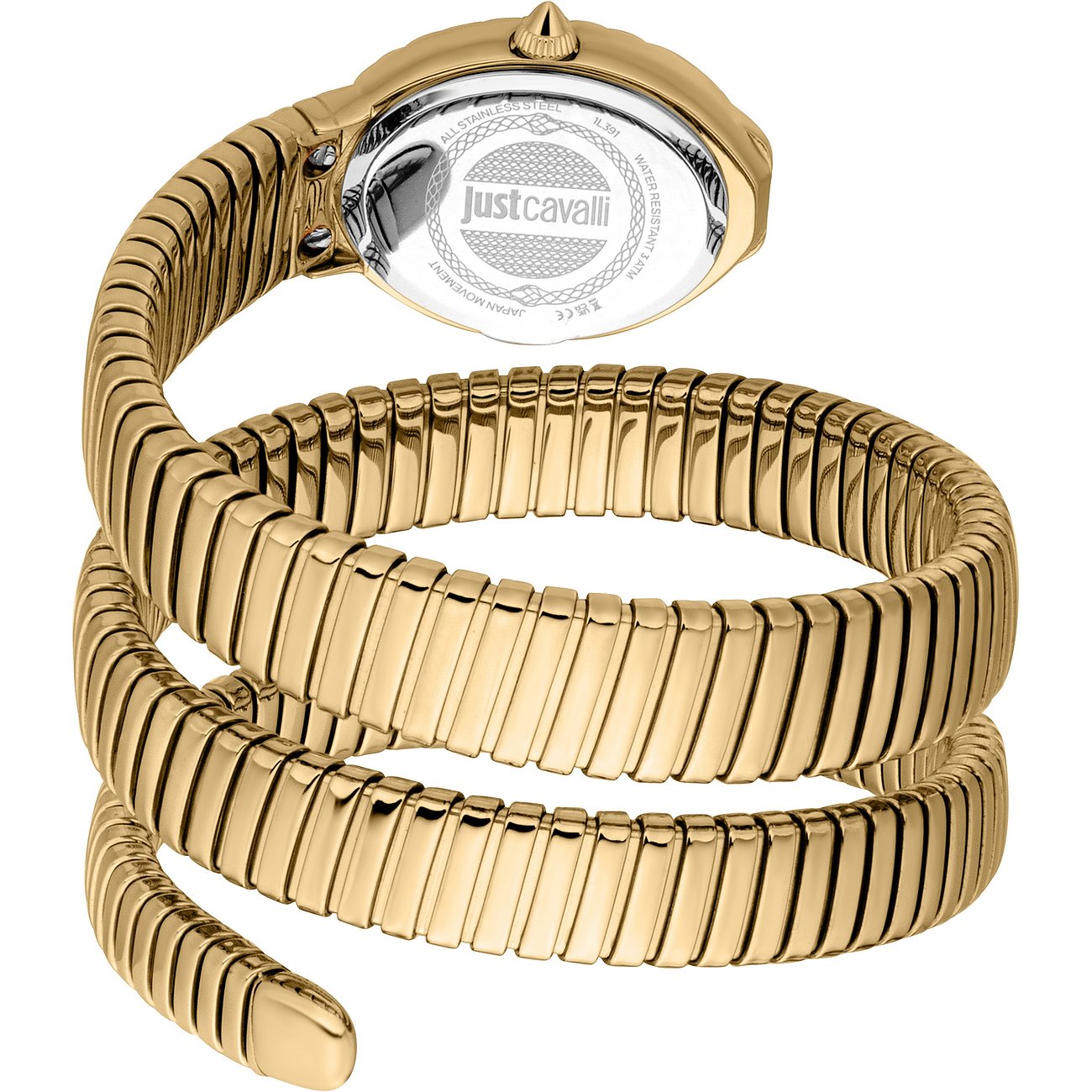 Rückansicht der Just Cavalli Damenuhr aus goldfarbenem Edelstahl mit spiralförmigem Armband.