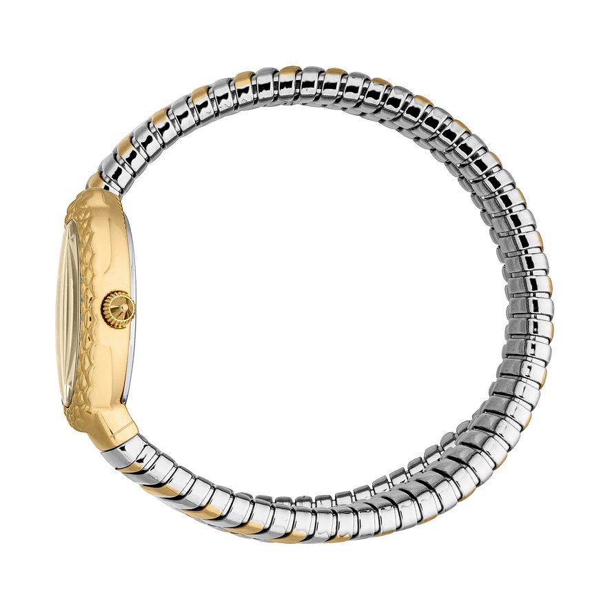 Seitenansicht der Just Cavalli Damenuhr aus gold- und silberfarbenem Edelstahl, das Band ist wellenförmig.