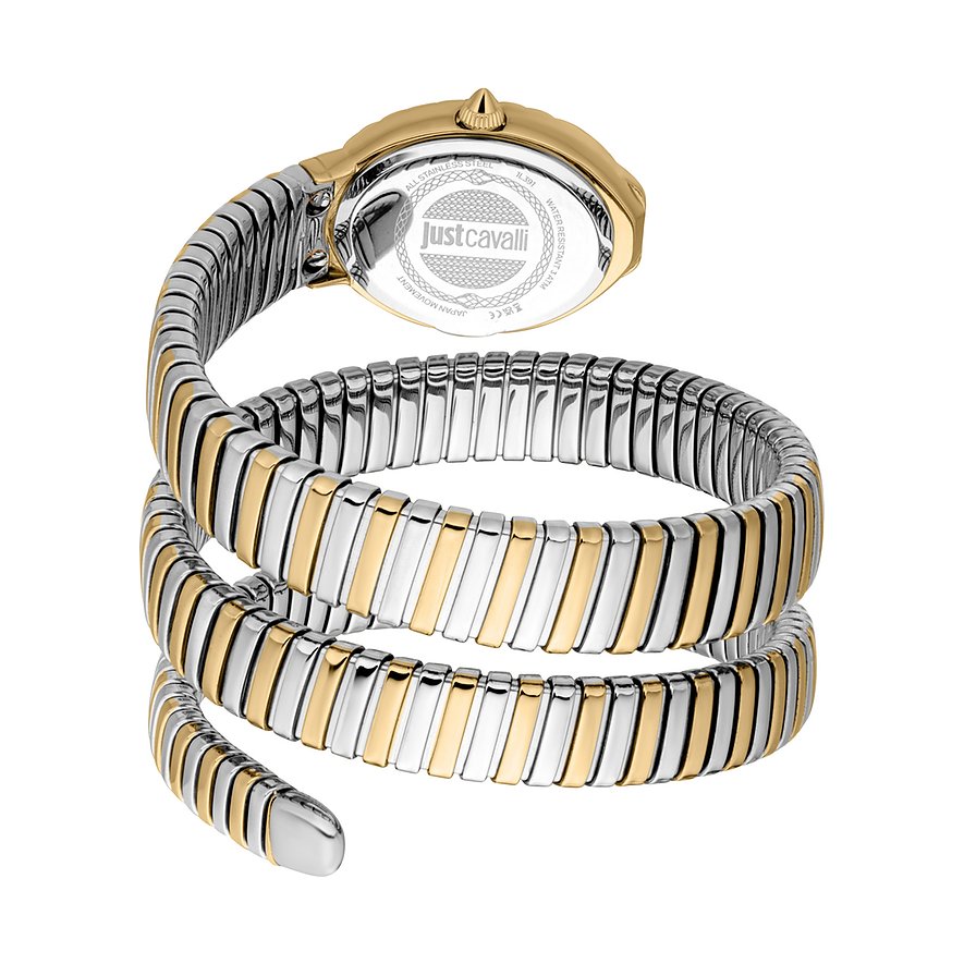 Rückansicht der zweifarbigen Just Cavalli Damenuhr aus Edelstahl mit spiralförmigem Armband in Gold und Silber.