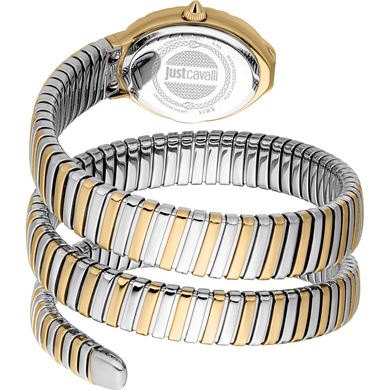 Rückansicht der zweifarbigen Just Cavalli Damenuhr aus Edelstahl mit spiralförmigem Armband in Gold und Silber.