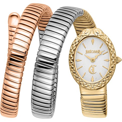 Just Cavalli Damenuhr aus gold- und silberfarbenem Edelstahl, die sich schlangenförmig um das Handgelenk windet.