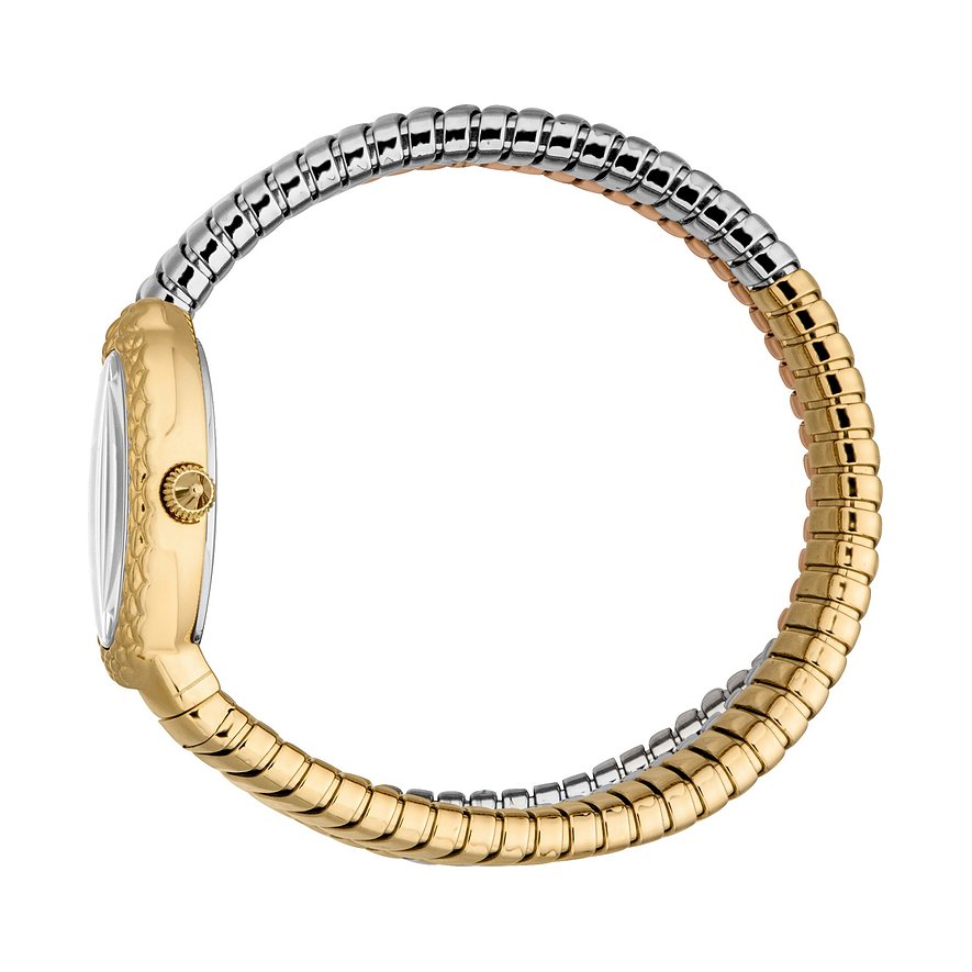 Seitenansicht einer Just Cavalli Damenuhr aus kontrastierendem gold- und silberfarbenem Edelstahlarmband.