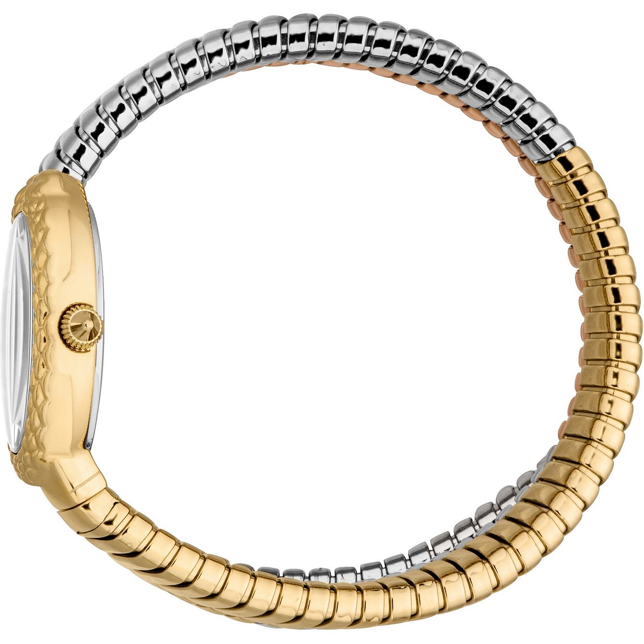 Seitenansicht einer Just Cavalli Damenuhr aus kontrastierendem gold- und silberfarbenem Edelstahlarmband.