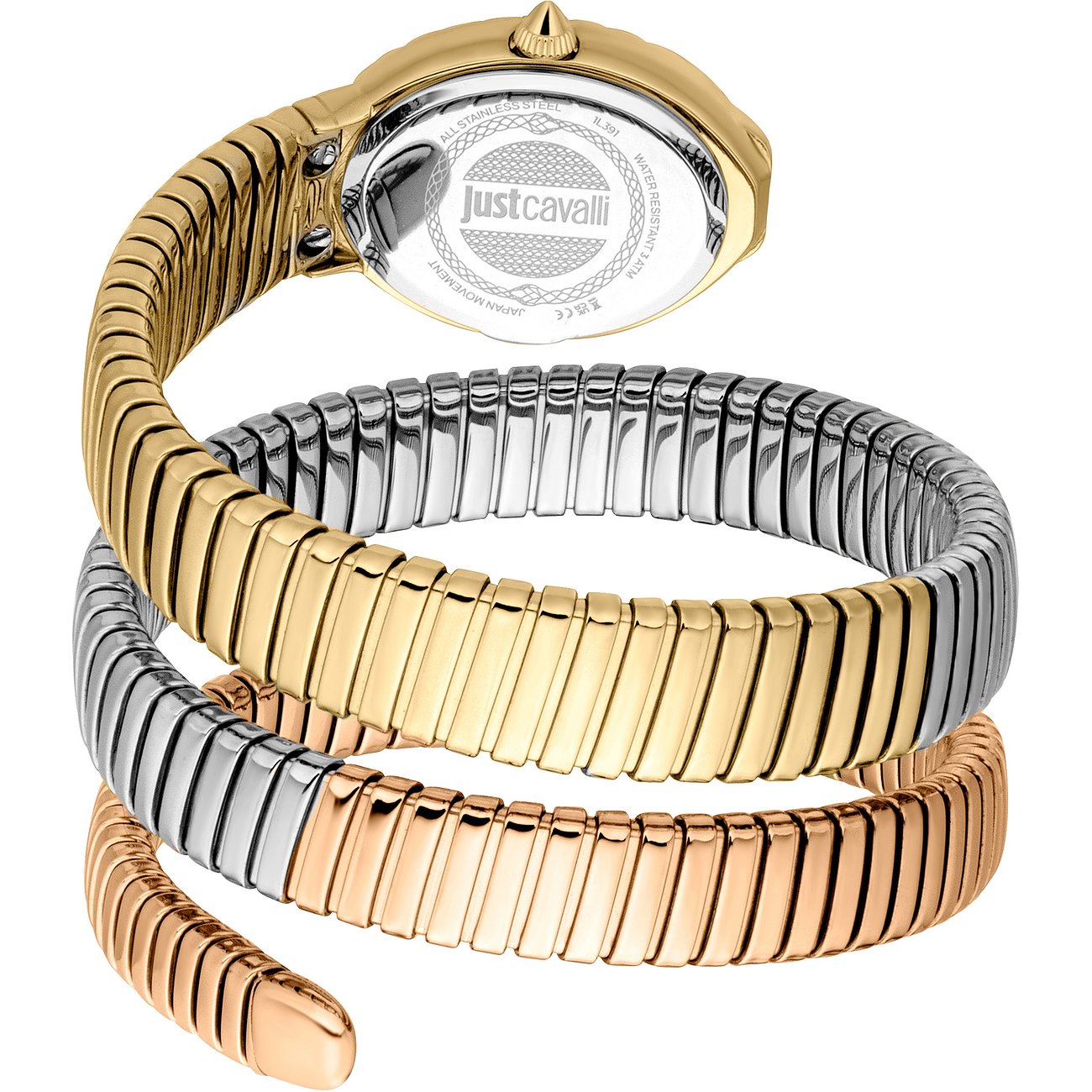 Rückseite einer Just Cavalli Damenuhr aus Edelstahl mit einem schlangenartigen Armband in Gold und Silber.