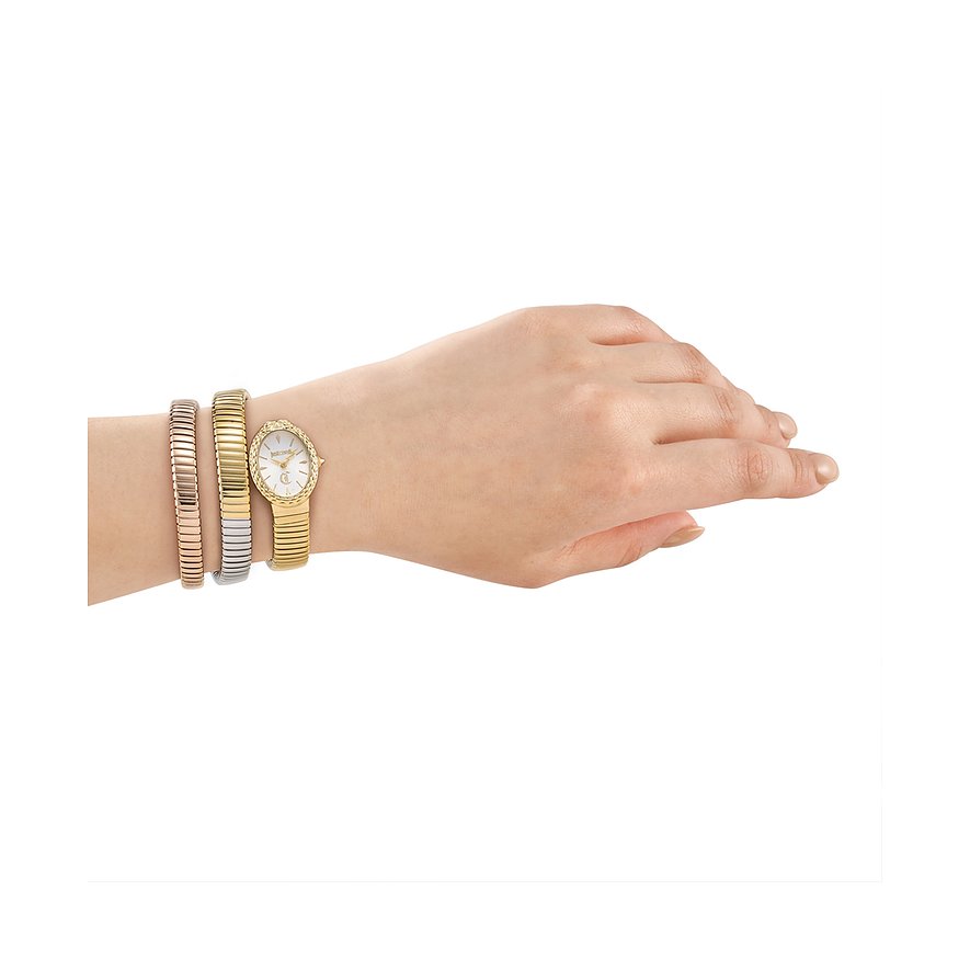 Am Handgelenk getragenes Set aus Just Cavalli Damenuhr und Armbändern aus gold- und roségoldfarbenem Edelstahl.