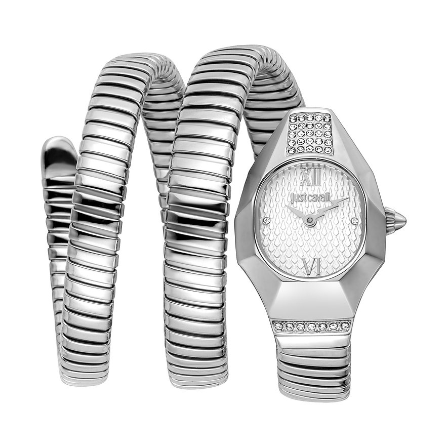 Just Cavalli damklocka i rostfritt stål med flexibelt armband och hexagonal urtavla med kristaller.